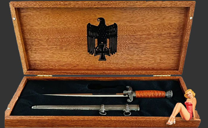 If you might have a Special Etched Dress Bayonet or two, I am now offering a beautiful Presentation Box so that you can add some visual enhancement as well as personal satisfaction in your bayonet display.

All Presentation Boxes are handmade. Tops are hard to find Birds Eye Maple. Bottoms of Rare Tiger Maple (see pictures) and have a recessed interior covered in a black satin or felt to further increase the appearance of your bayonet* collectible.