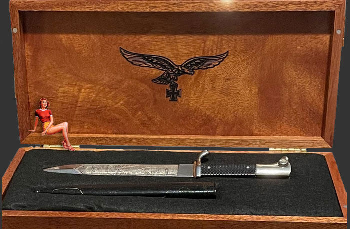 If you might have a Special Etched Dress Bayonet or two, I am now offering a beautiful Presentation Box so that you can add some visual enhancement as well as personal satisfaction in your bayonet display.

All Presentation Boxes are handmade. Tops are hard to find Birds Eye Maple. Bottoms of Rare Tiger Maple (see pictures) and have a recessed interior covered in a black satin or felt to further increase the appearance of your bayonet* collectible.